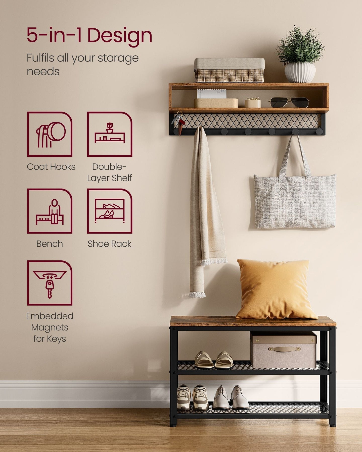 Coat Rack and Shoe Bench Set - Wood - Rustic Brown - Multifunctional Hallway Furniture with 2-Tier Shoe Rack and Dot Coat Hooks