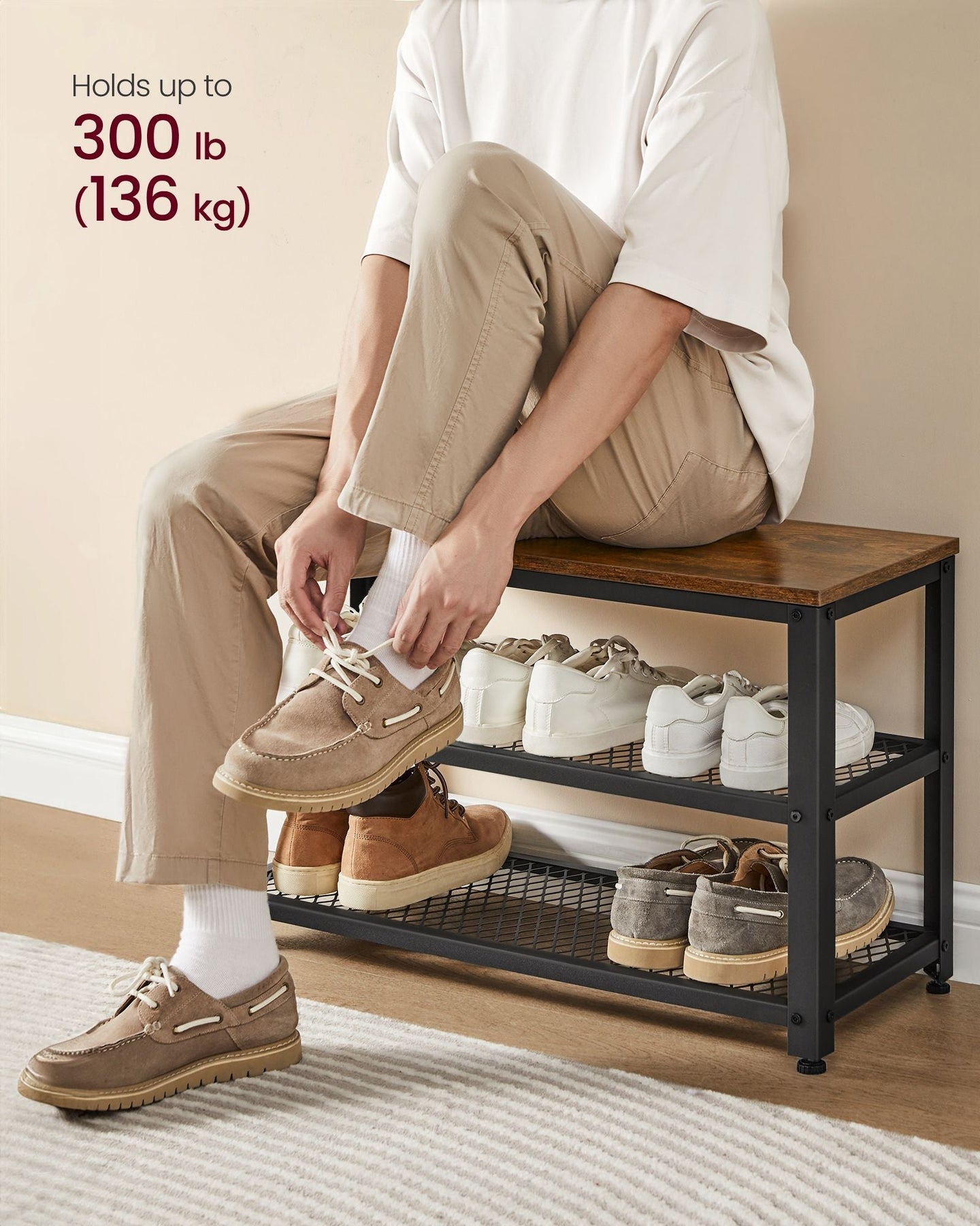 Coat Rack and Shoe Bench Set - Wood - Rustic Brown - Multifunctional Hallway Furniture with 2-Tier Shoe Rack and Dot Coat Hooks