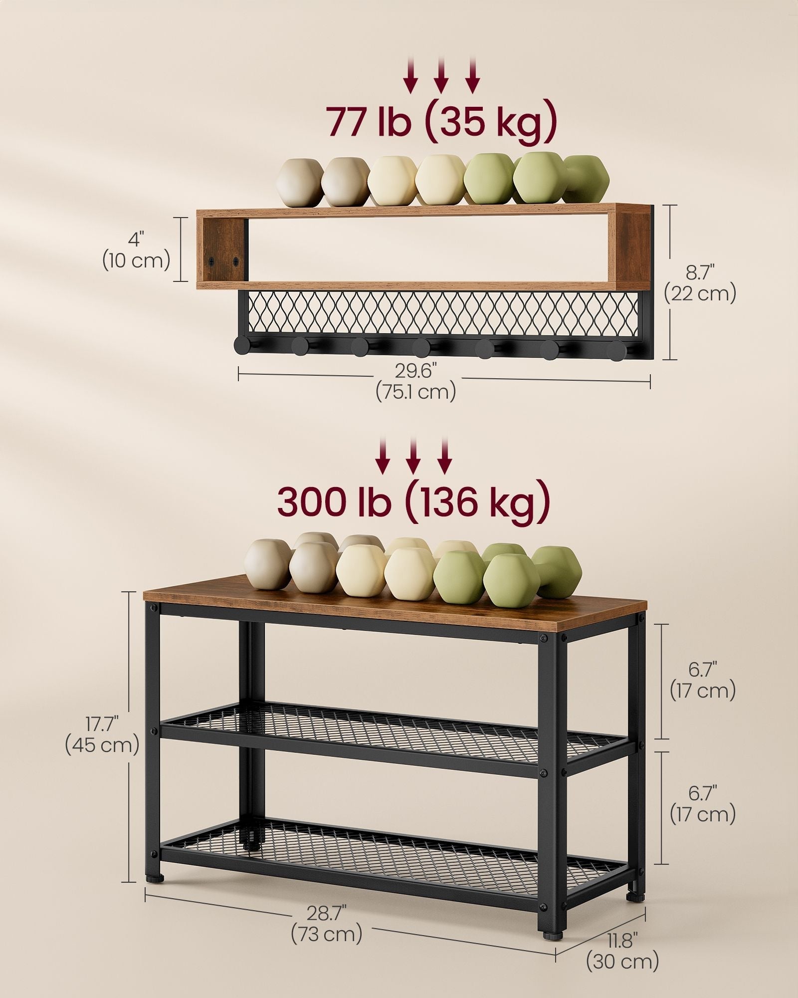 Coat Rack and Shoe Bench Set - Wood - Rustic Brown - Multifunctional Hallway Furniture with 2-Tier Shoe Rack and Dot Coat Hooks