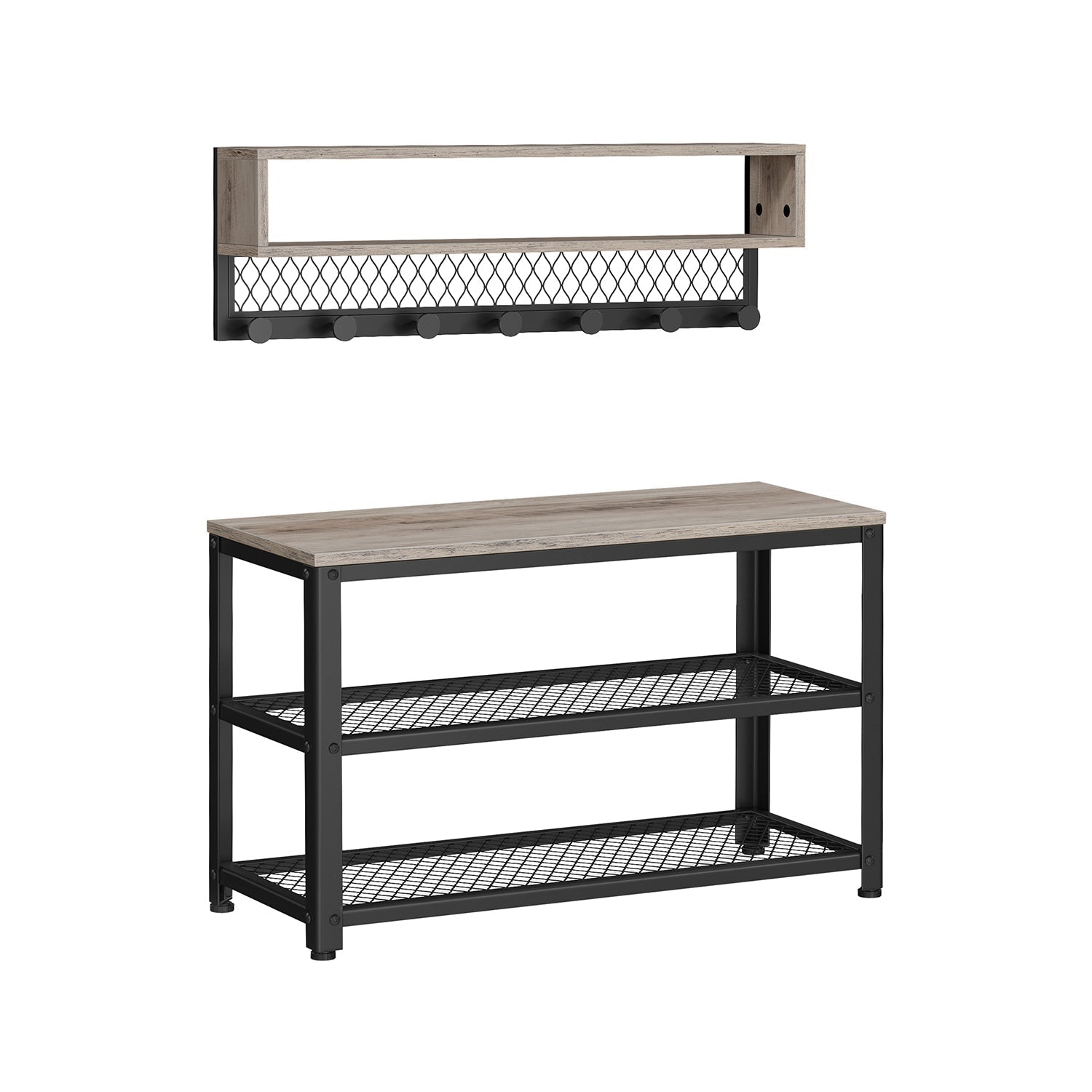 Coat Rack and Shoe Bench Set - Wood - Heather Greige - Multifunctional Hall Tree with Dot Coat Hooks and 2-Tier Shoe Rack