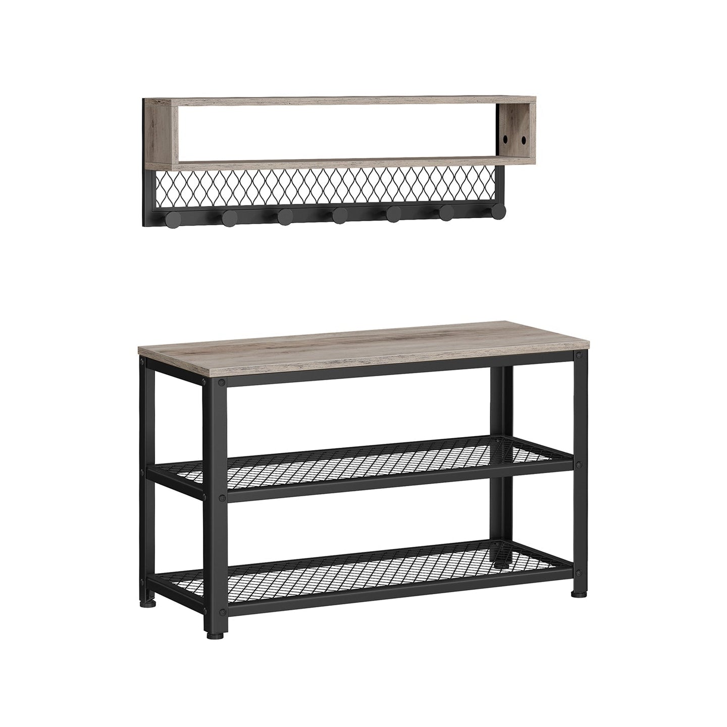 Coat Rack and Shoe Bench Set - Wood - Rustic Brown - Multifunctional Hallway Furniture with 2-Tier Shoe Rack and Dot Coat Hooks