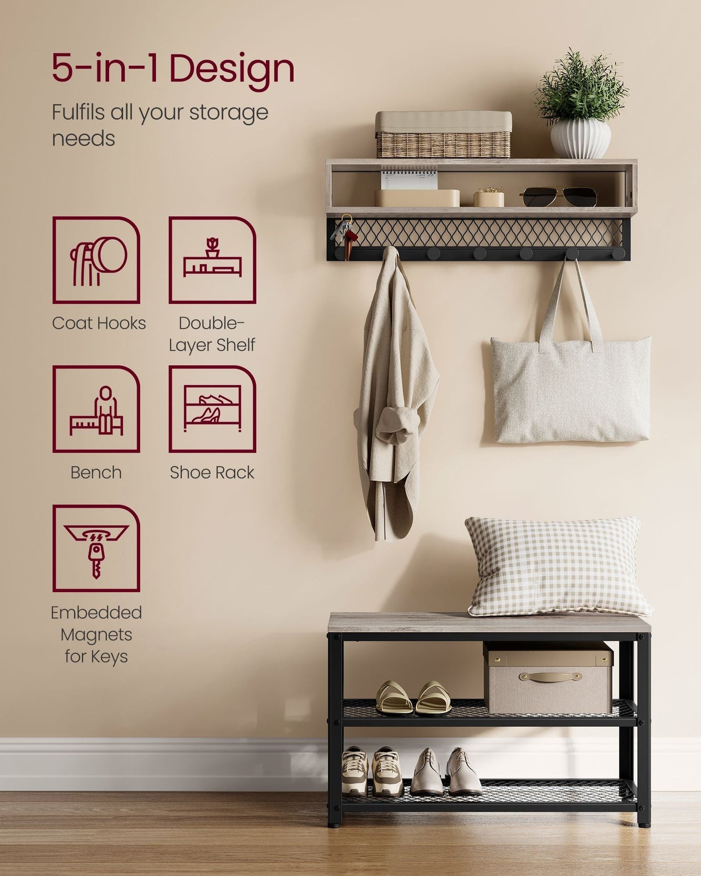 Coat Rack and Shoe Bench Set - Wood - Heather Greige - Multifunctional Hall Tree with Dot Coat Hooks and 2-Tier Shoe Rack