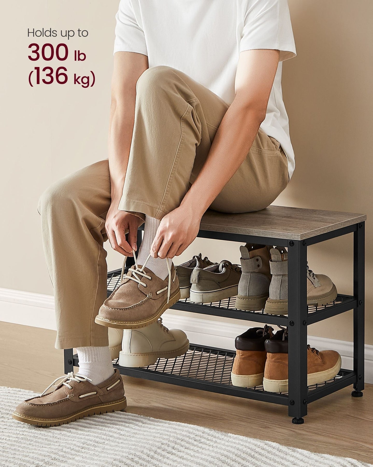 Coat Rack and Shoe Bench Set - Wood - Heather Greige - Multifunctional Hall Tree with Dot Coat Hooks and 2-Tier Shoe Rack