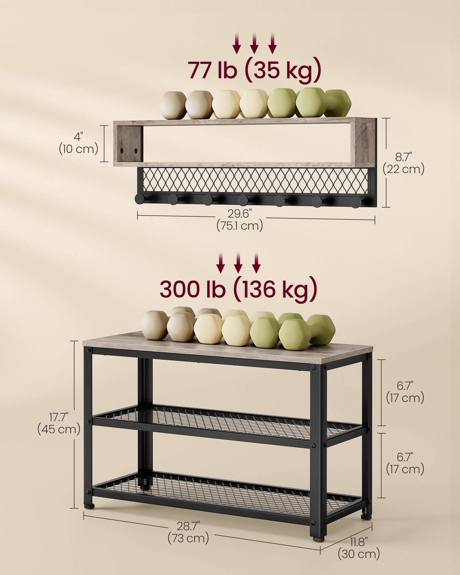 Coat Rack and Shoe Bench Set - Wood - Heather Greige - Multifunctional Hall Tree with Dot Coat Hooks and 2-Tier Shoe Rack