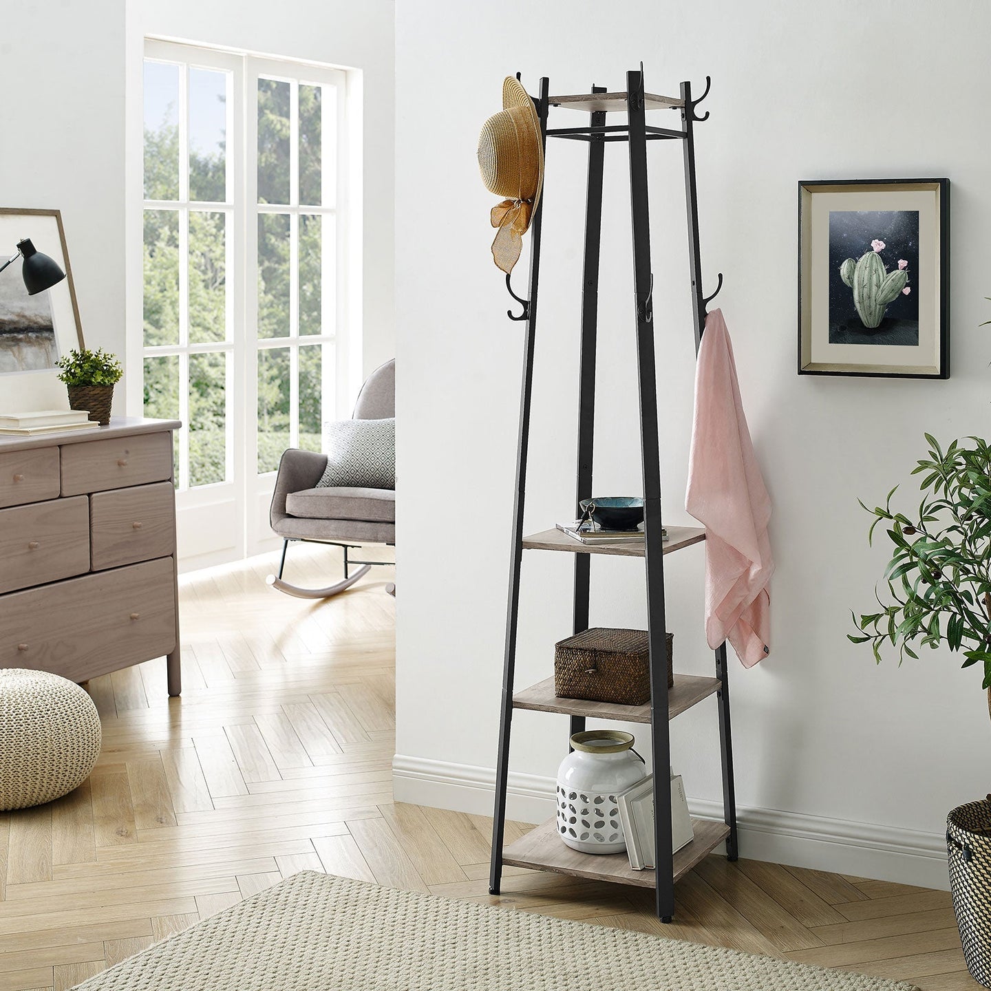 Coat Stand - Steel - Greige and Black - 3 Shelves with Hooks for Scarves