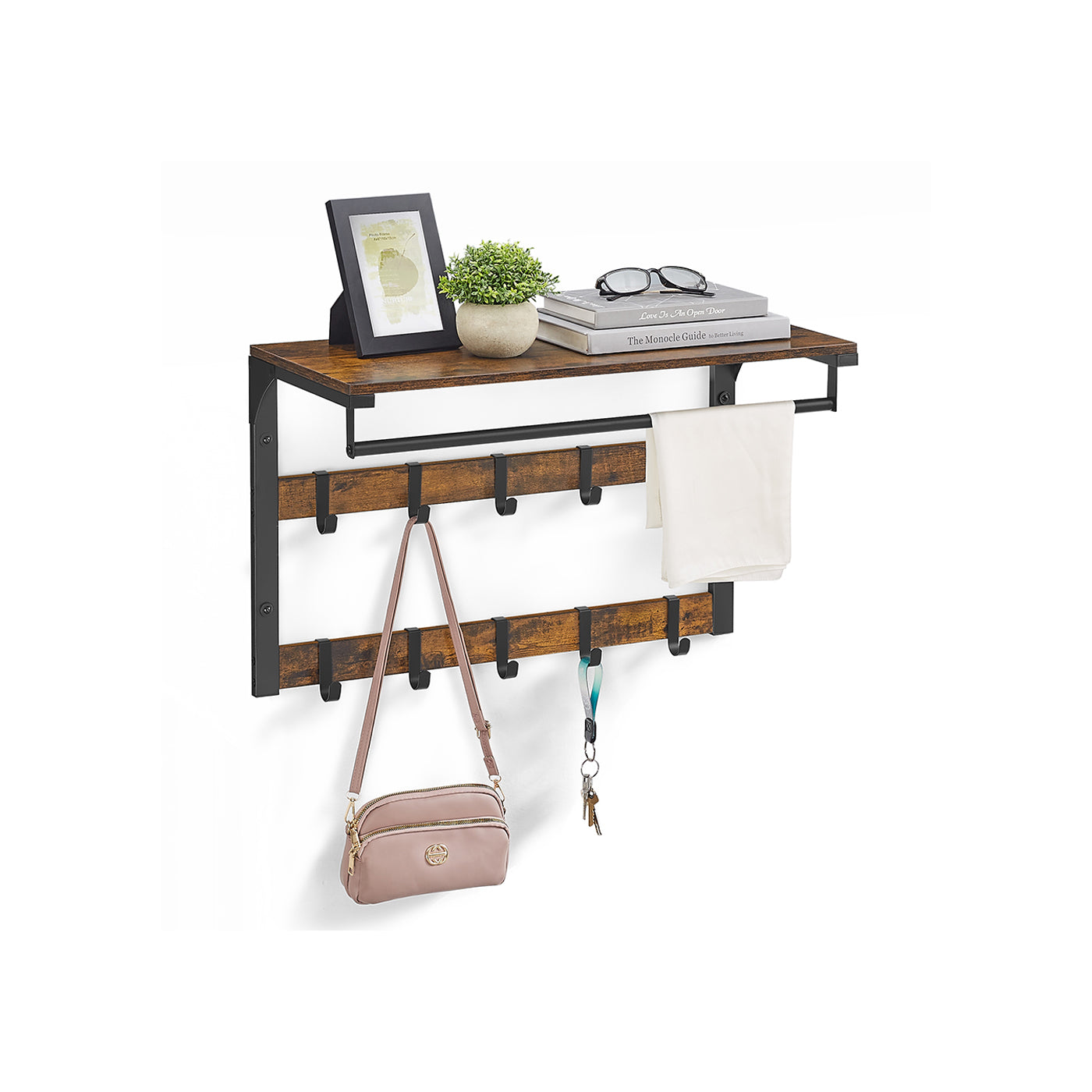 Wall-Mounted Coat Rack - Wood - Rustic Brown - 10 Removable Hooks with Shelf