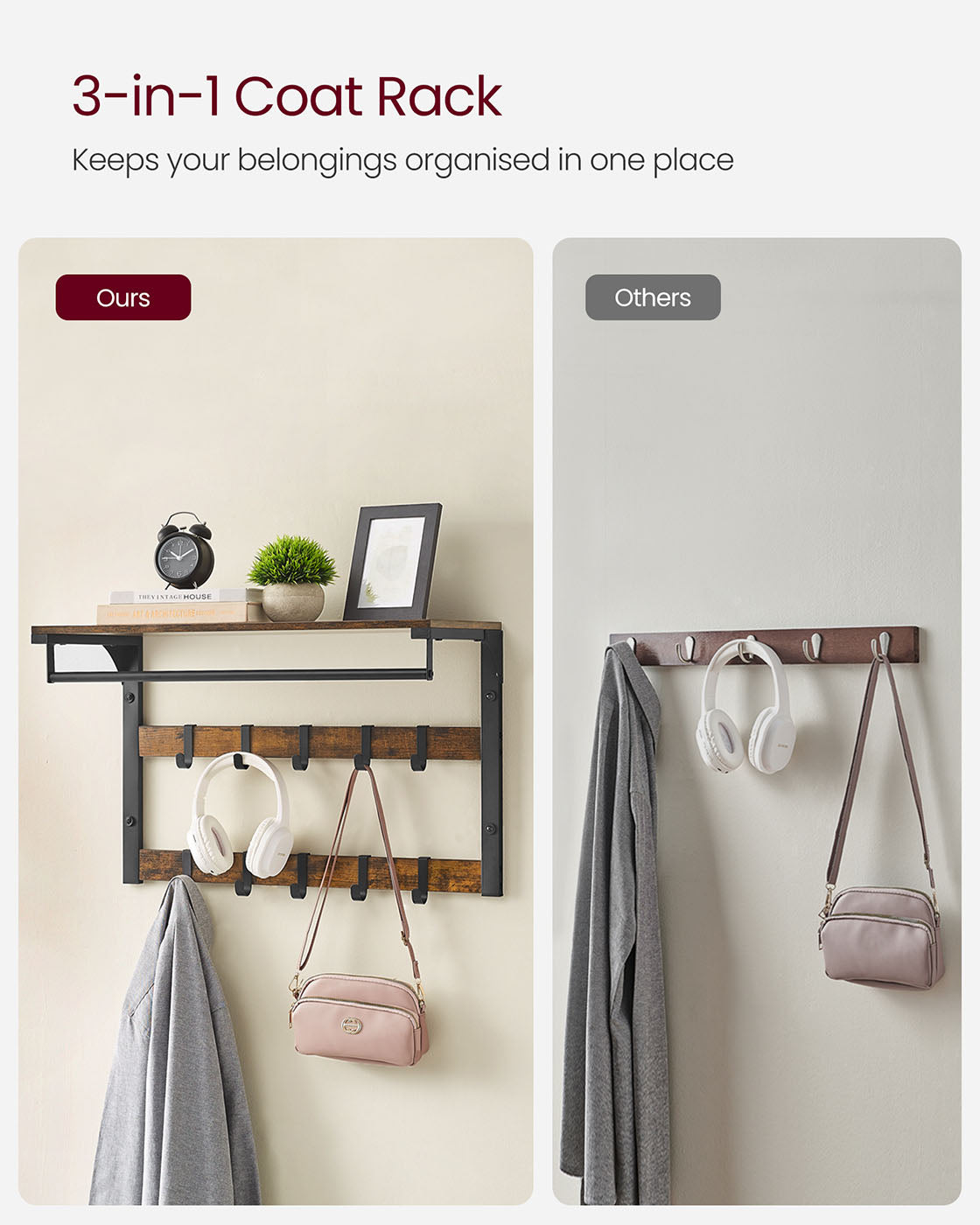 Wall-Mounted Coat Rack - Wood - Rustic Brown - 10 Removable Hooks with Shelf