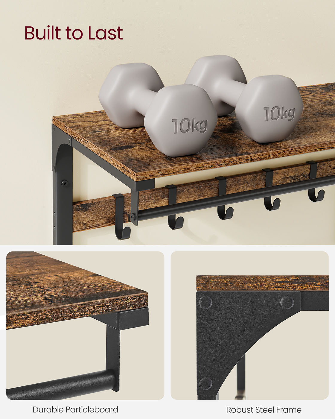 Wall-Mounted Coat Rack - Wood - Rustic Brown - 10 Removable Hooks with Shelf