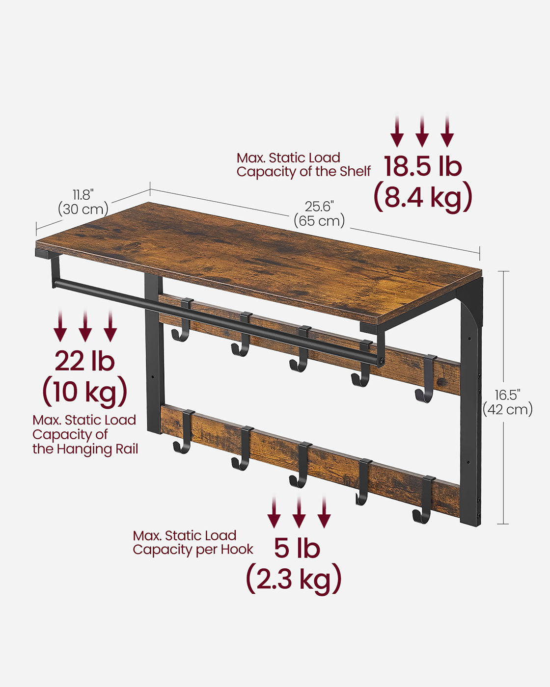 Wall-Mounted Coat Rack - Wood - Rustic Brown - 10 Removable Hooks with Shelf