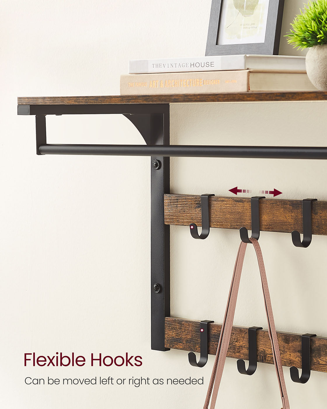 Wall-Mounted Coat Rack - Wood - Rustic Brown - 10 Removable Hooks with Shelf