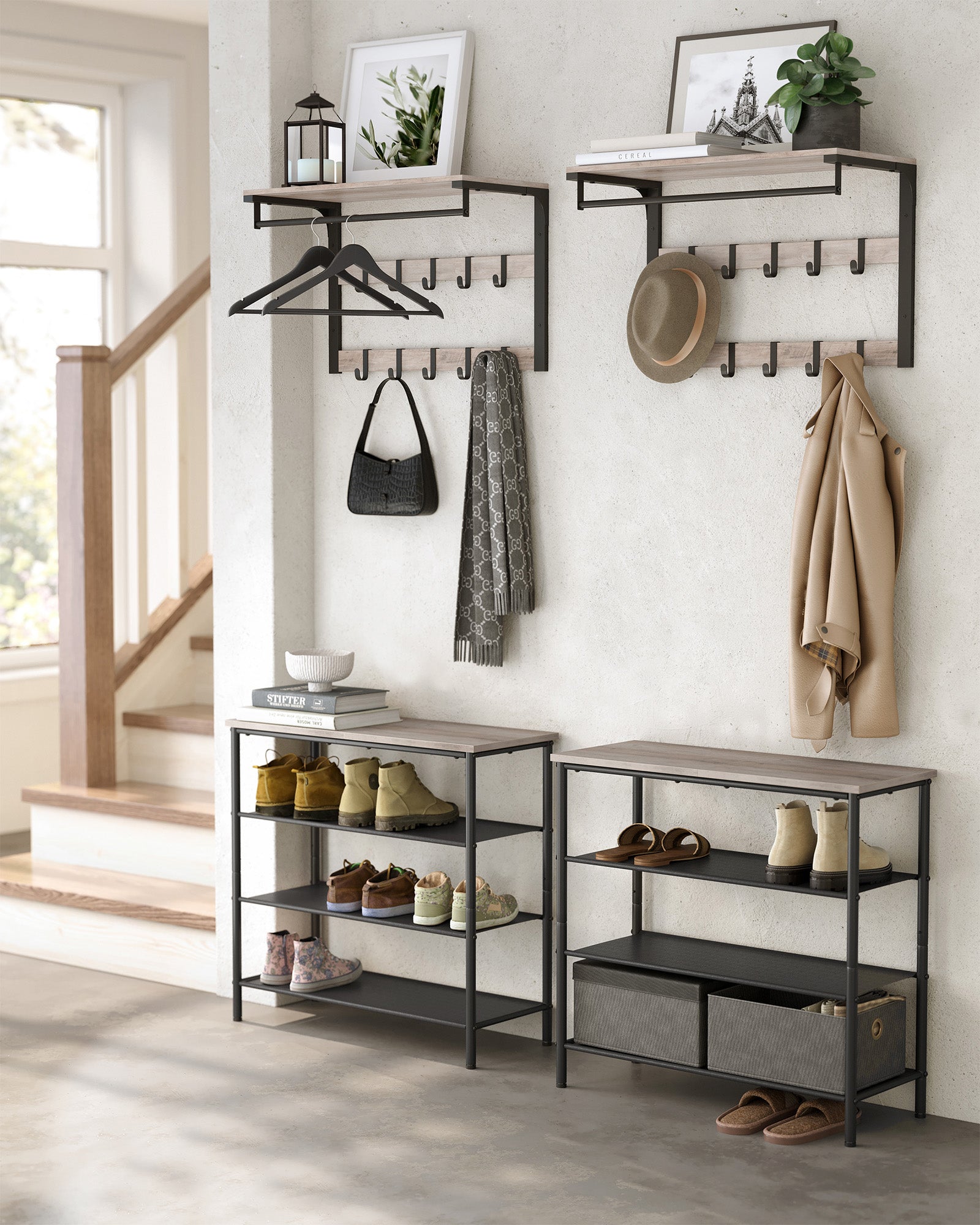 Wall-Mounted Coat Rack - Wood - Greige and Black - 10 Removable Hooks with Shelf