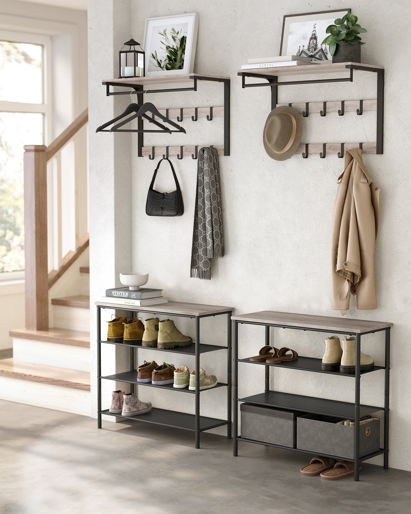 Wall-Mounted Coat Rack - Wood - Greige and Black - 10 Removable Hooks with Shelf