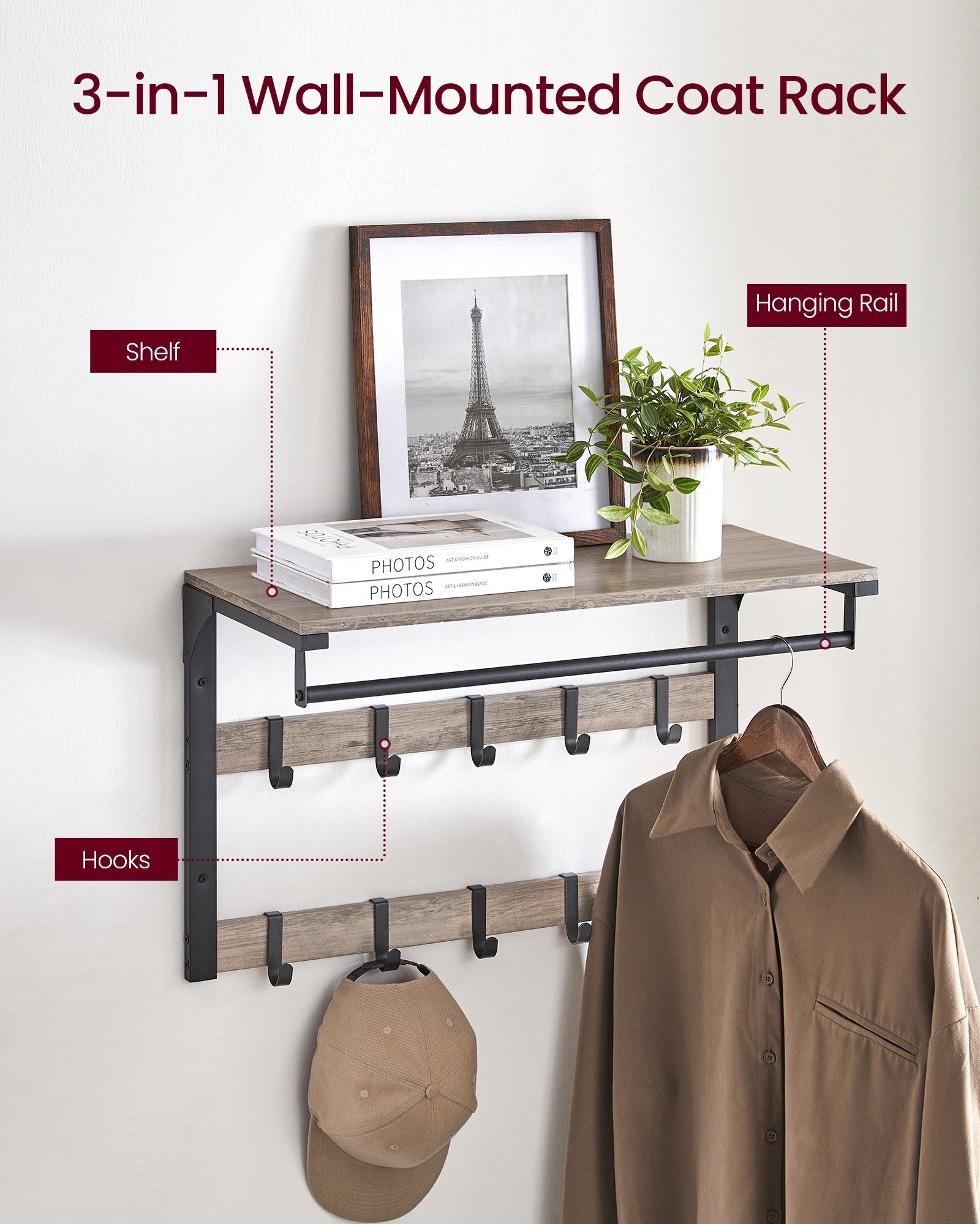 Wall-Mounted Coat Rack - Wood - Greige and Black - 10 Removable Hooks with Shelf