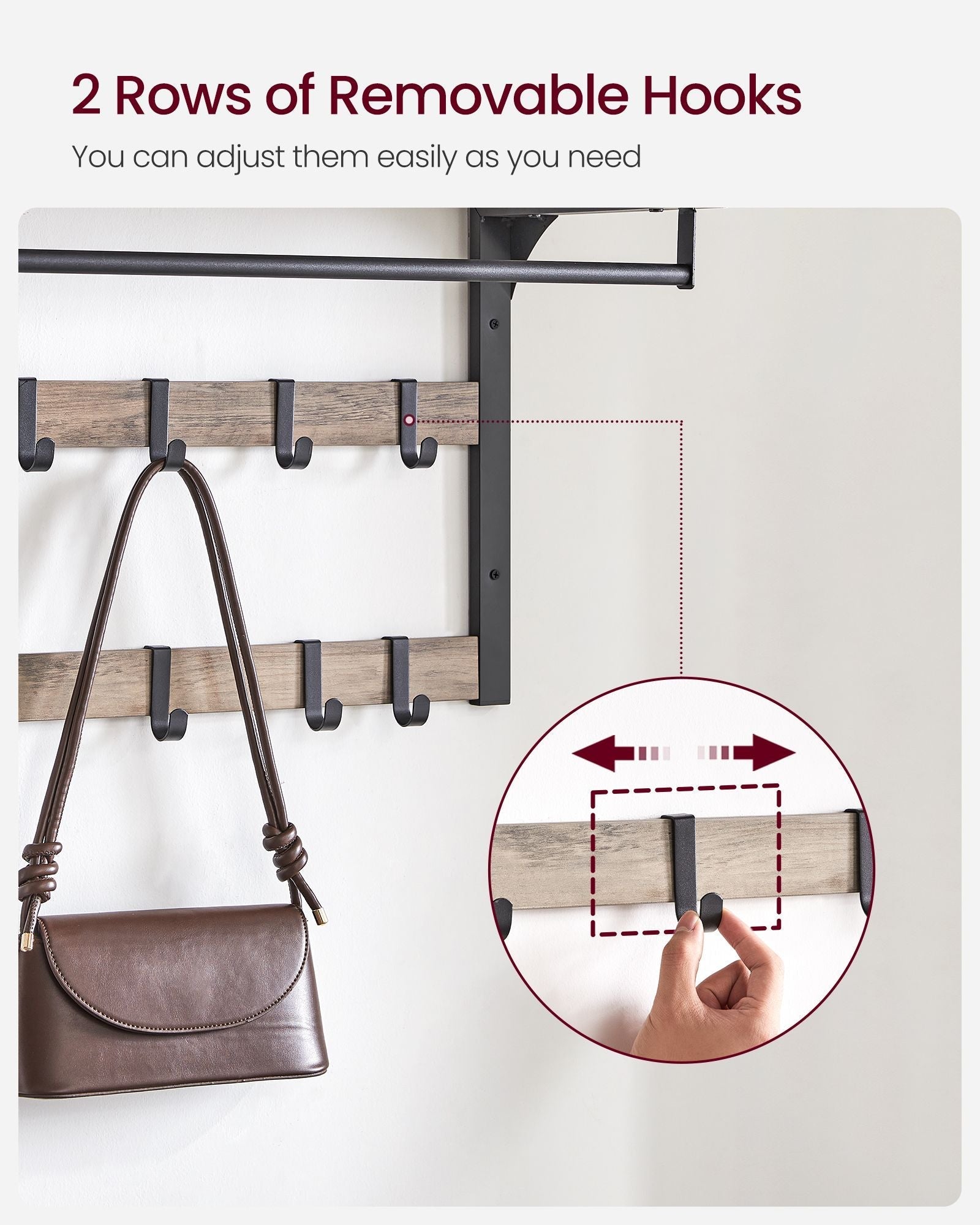 Wall-Mounted Coat Rack - Wood - Greige and Black - 10 Removable Hooks with Shelf