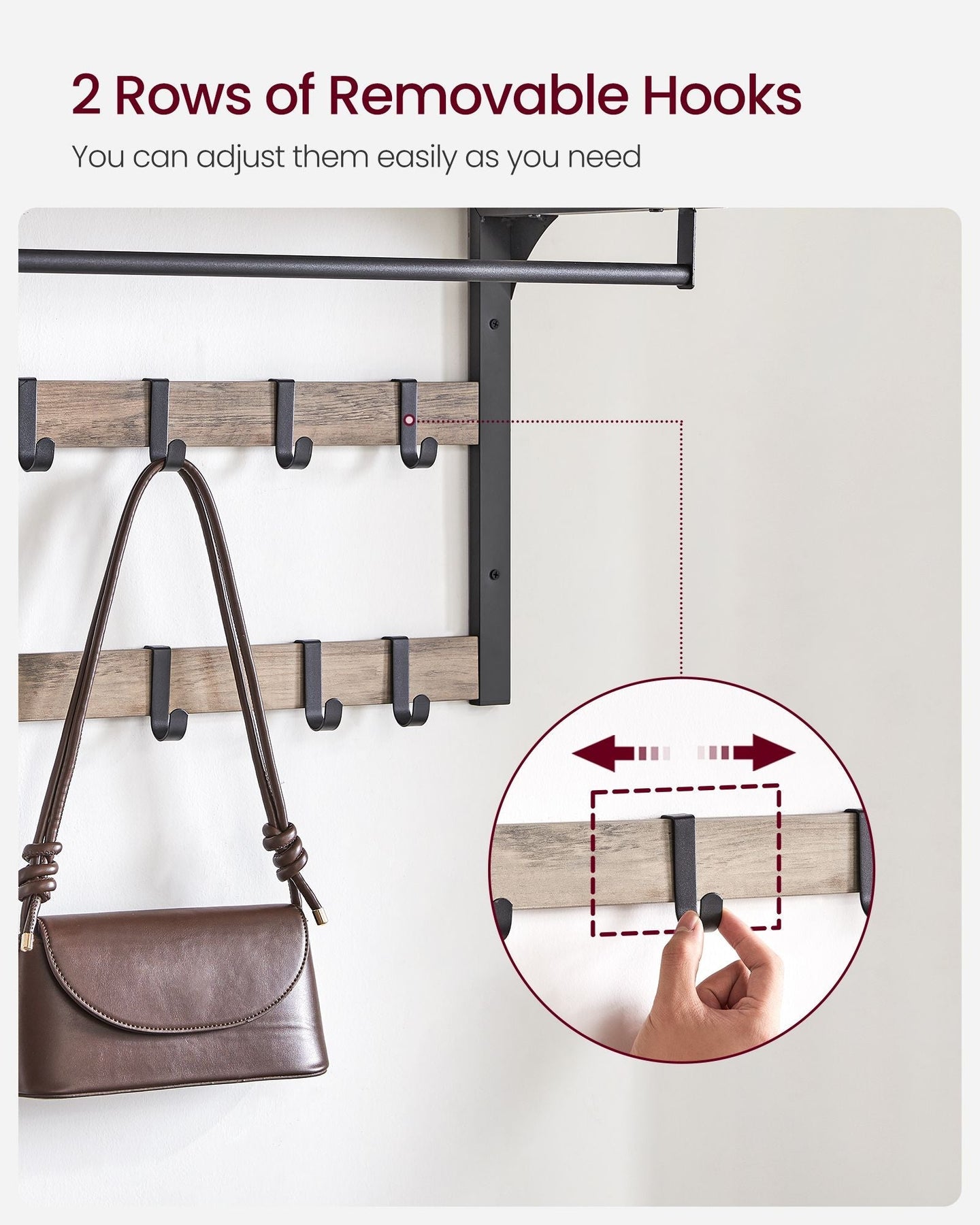 Wall-Mounted Coat Rack - Wood - Greige and Black - 10 Removable Hooks with Shelf