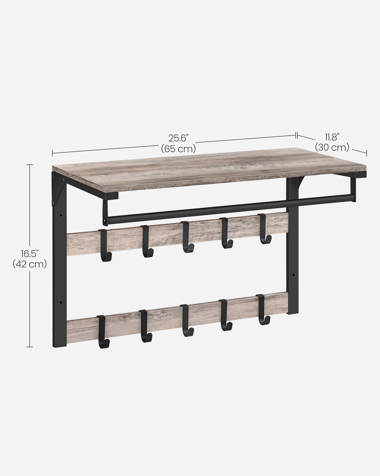 Wall-Mounted Coat Rack - Wood - Greige and Black - 10 Removable Hooks with Shelf