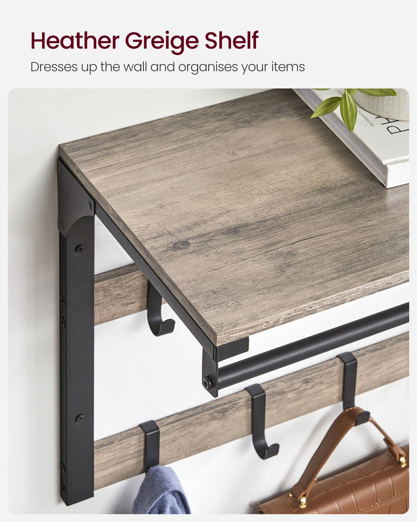 Wall-Mounted Coat Rack - Wood - Greige and Black - 10 Removable Hooks with Shelf