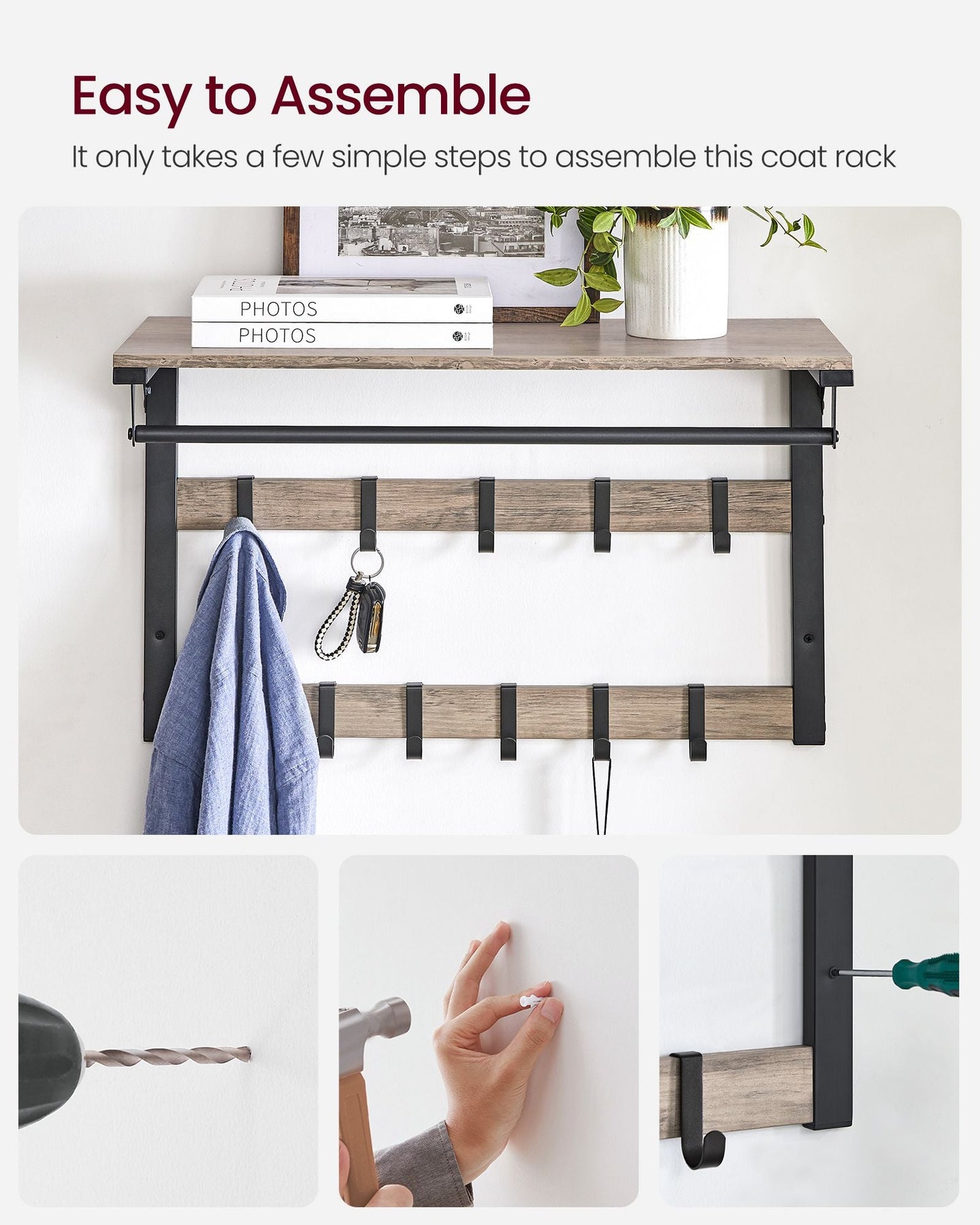 Wall-Mounted Coat Rack - Wood - Greige and Black - 10 Removable Hooks with Shelf