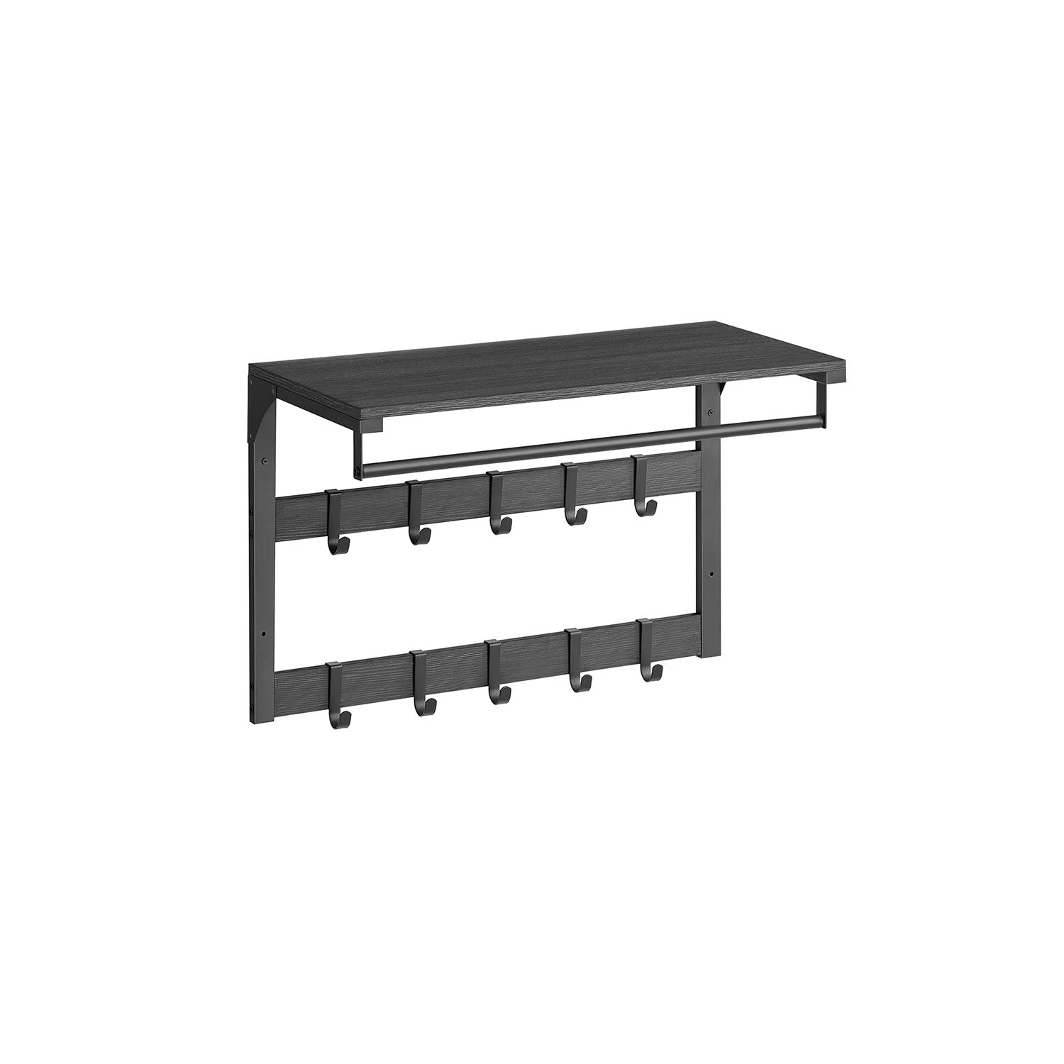Wall-Mounted Coat Rack - Wood - Charcoal Grey - Includes 10 Removable Hooks and Shelf