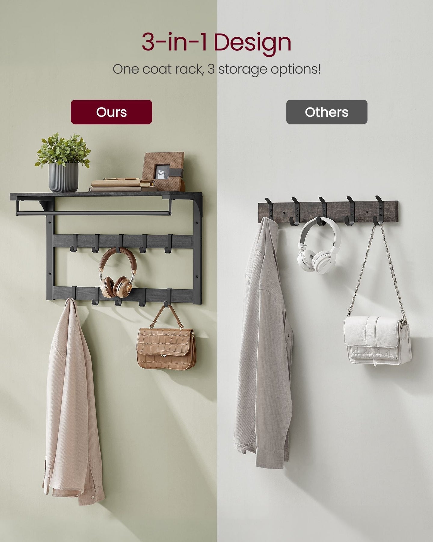 Wall-Mounted Coat Rack - Wood - Charcoal Grey - Includes 10 Removable Hooks and Shelf