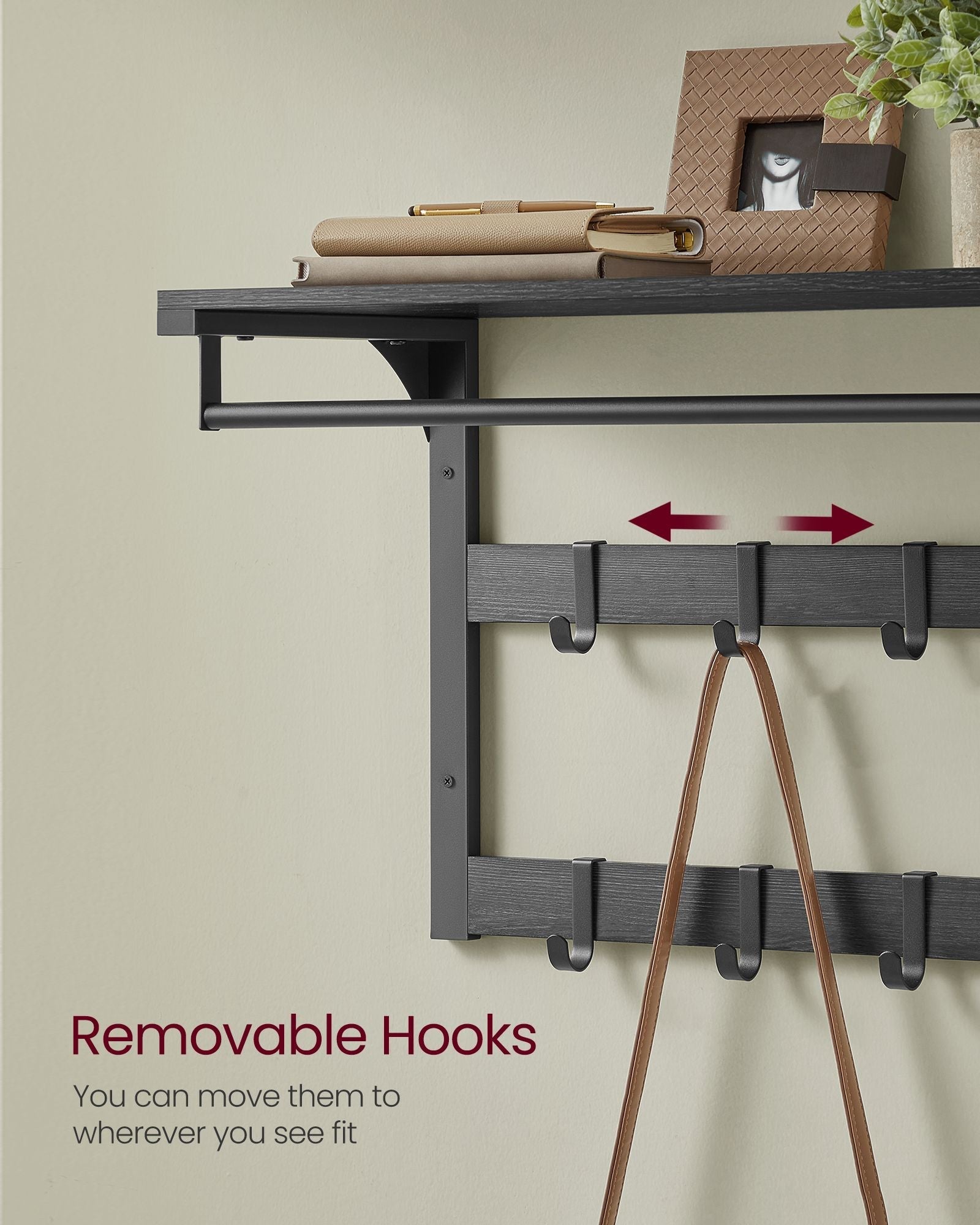 Wall-Mounted Coat Rack - Wood - Charcoal Grey - Includes 10 Removable Hooks and Shelf