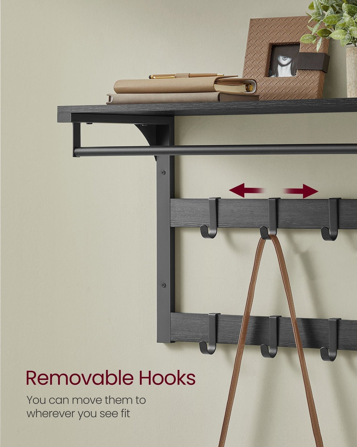 Wall-Mounted Coat Rack - Wood - Charcoal Grey - Includes 10 Removable Hooks and Shelf