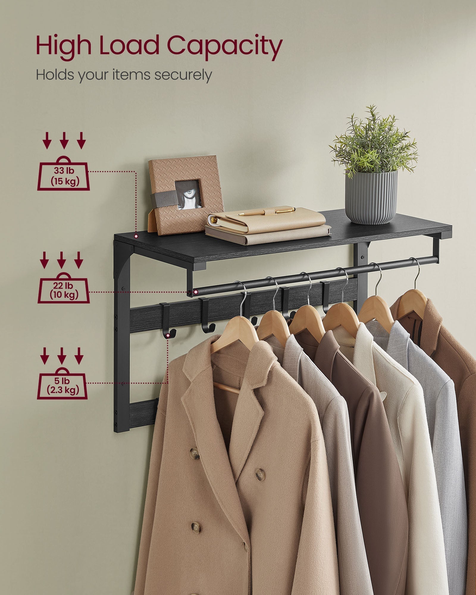 Wall-Mounted Coat Rack - Wood - Charcoal Grey - Includes 10 Removable Hooks and Shelf