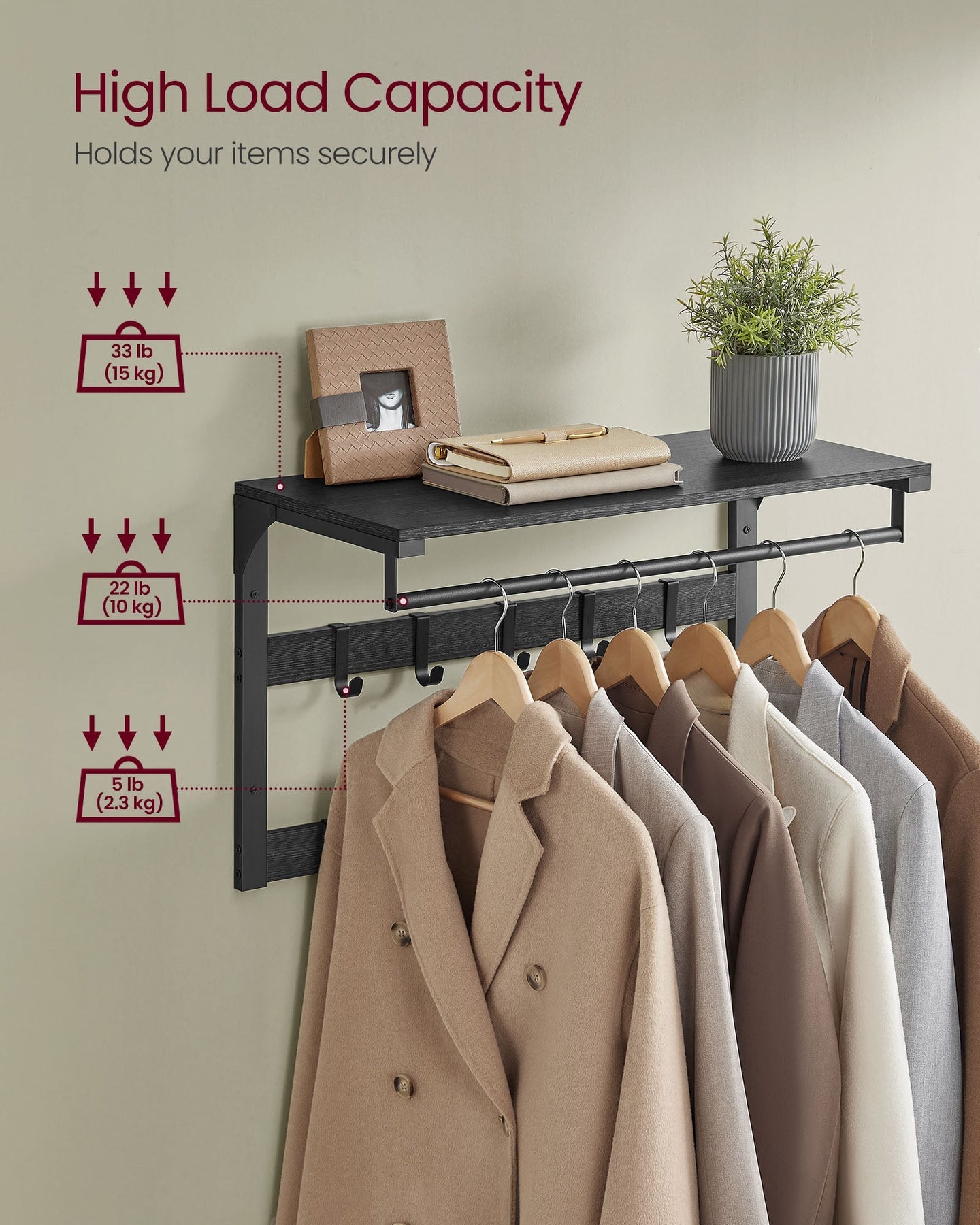 Wall-Mounted Coat Rack - Wood - Charcoal Grey - Includes 10 Removable Hooks and Shelf