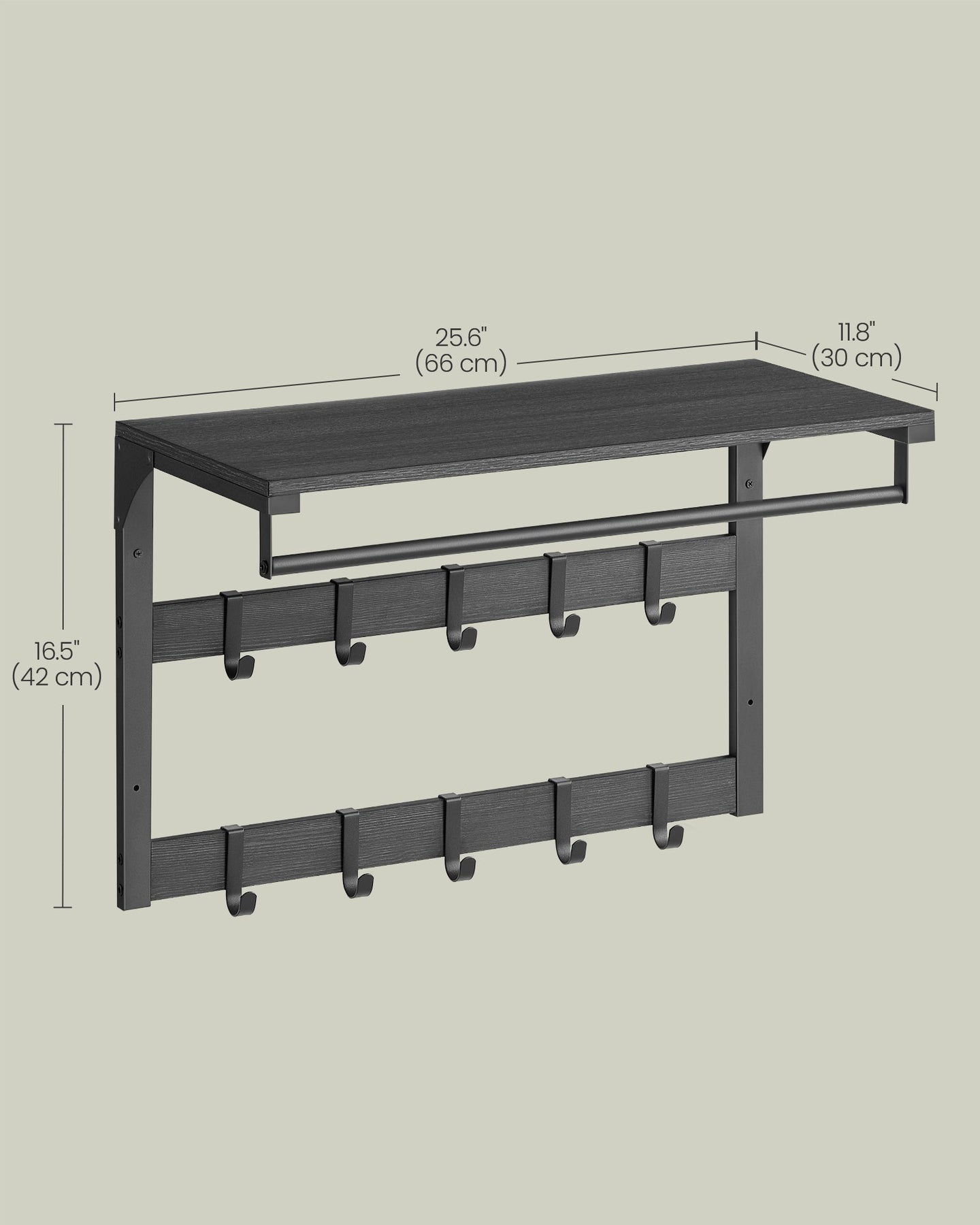 Wall-Mounted Coat Rack - Wood - Charcoal Grey - Includes 10 Removable Hooks and Shelf