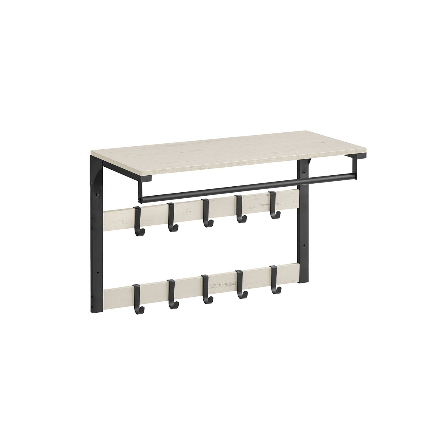 Wall-Mounted Coat Rack - Wood - Rustic White - 10 Removable Hooks with Shelf