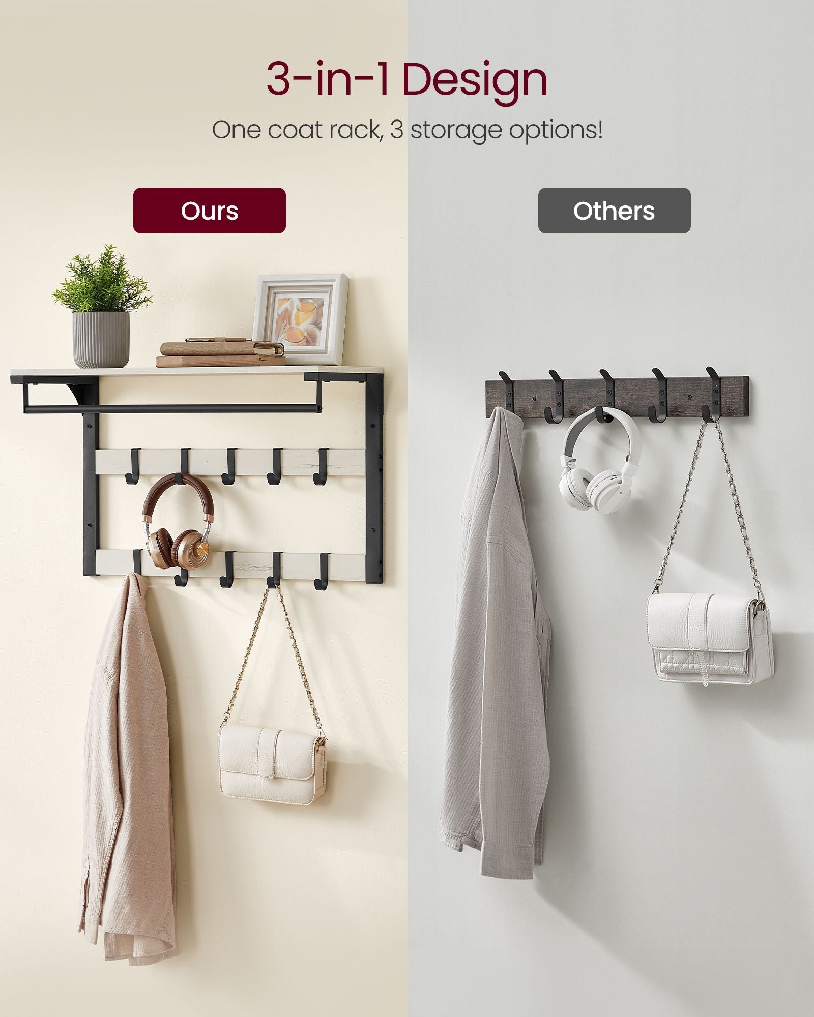 Wall-Mounted Coat Rack - Wood - Rustic White - 10 Removable Hooks with Shelf
