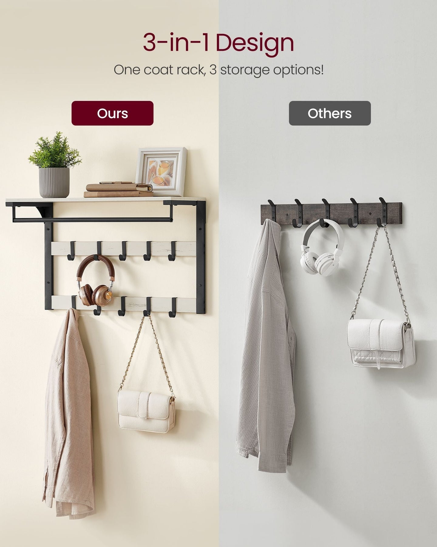 Wall-Mounted Coat Rack - Wood - Rustic White - 10 Removable Hooks with Shelf