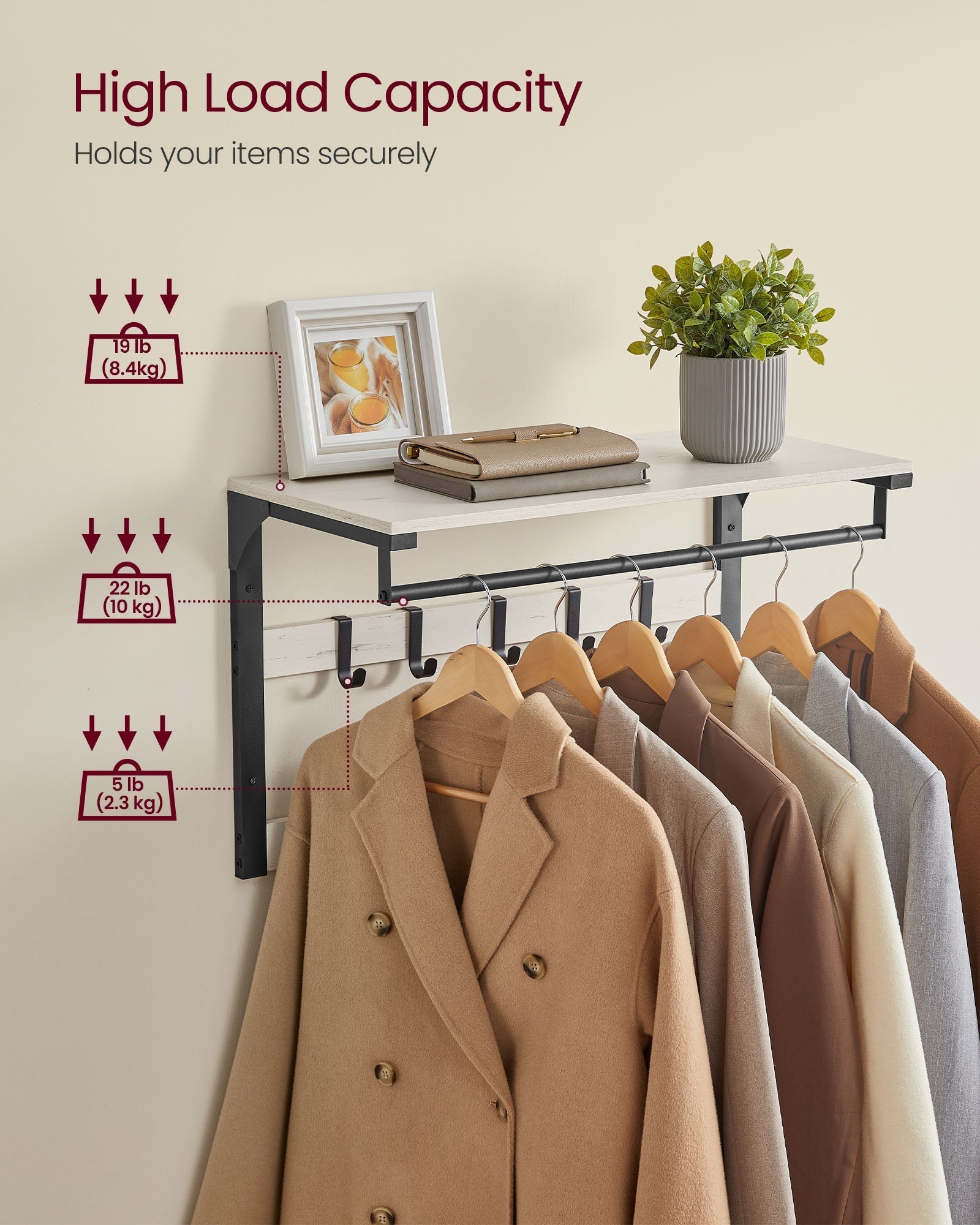 Wall-Mounted Coat Rack - Wood - Rustic White - 10 Removable Hooks with Shelf