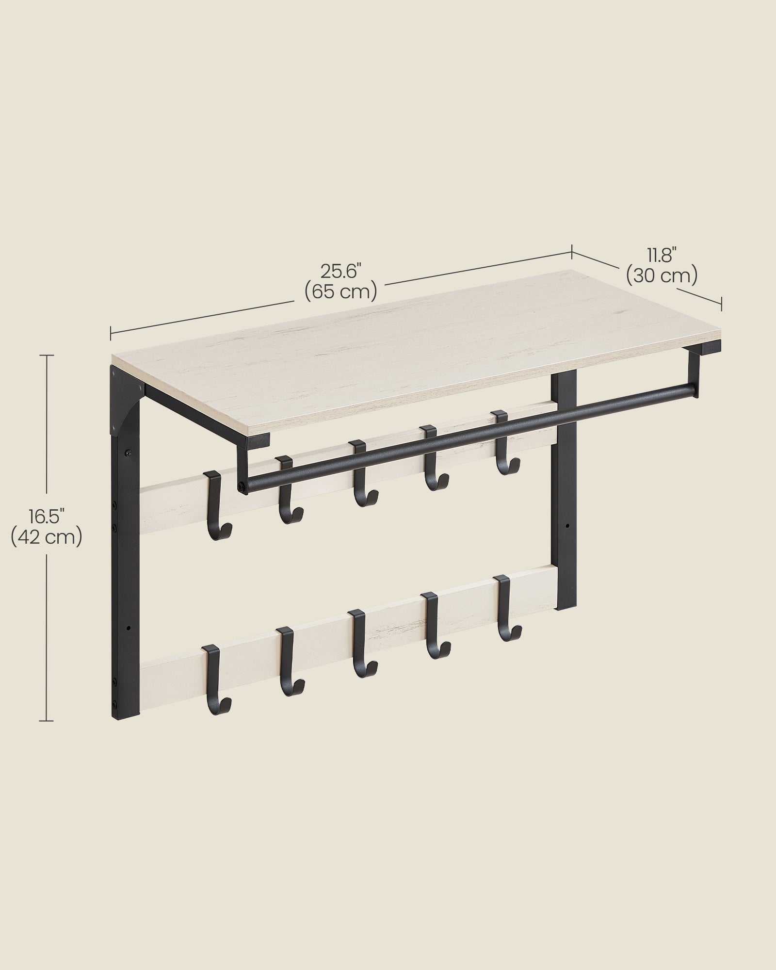 Wall-Mounted Coat Rack - Wood - Rustic White - 10 Removable Hooks with Shelf