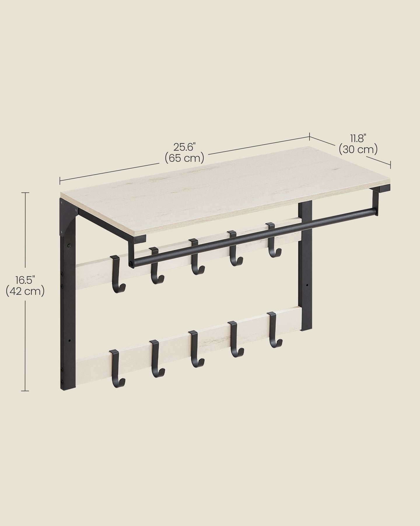 Wall-Mounted Coat Rack - Wood - Rustic White - 10 Removable Hooks with Shelf