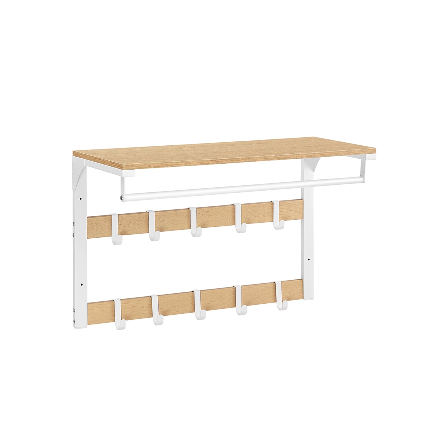 Coat Rack - Wood - Oak and White - Wall Mounted with 10 Removable Hooks and Shelf