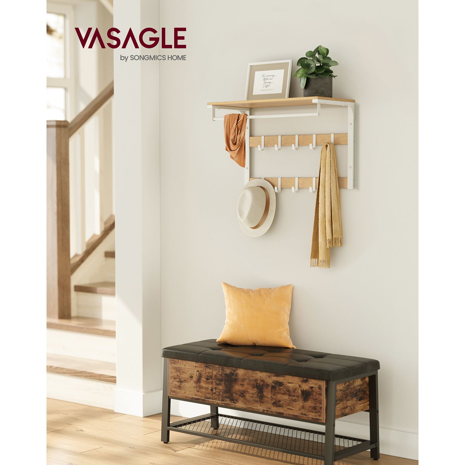 Coat Rack - Wood - Oak and White - Wall Mounted with 10 Removable Hooks and Shelf