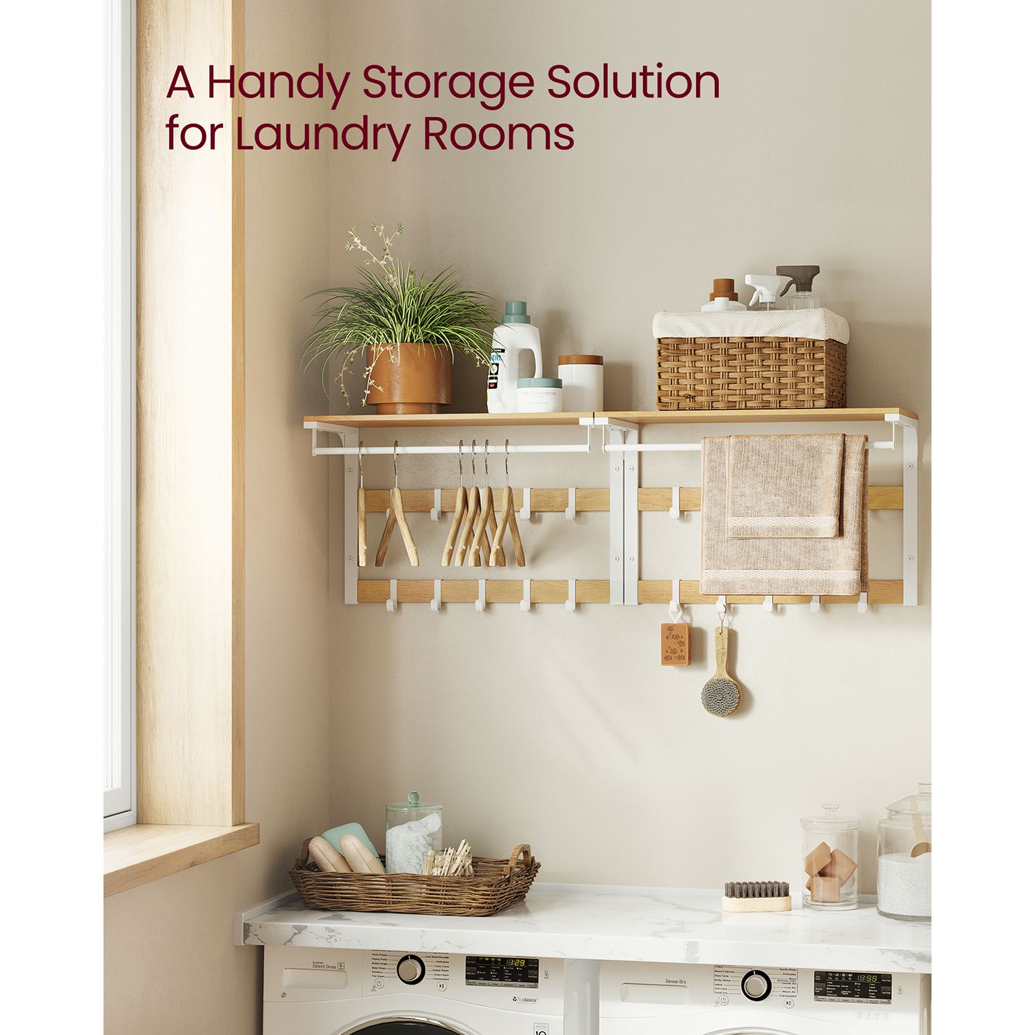 Coat Rack - Wood - Oak and White - Wall Mounted with 10 Removable Hooks and Shelf