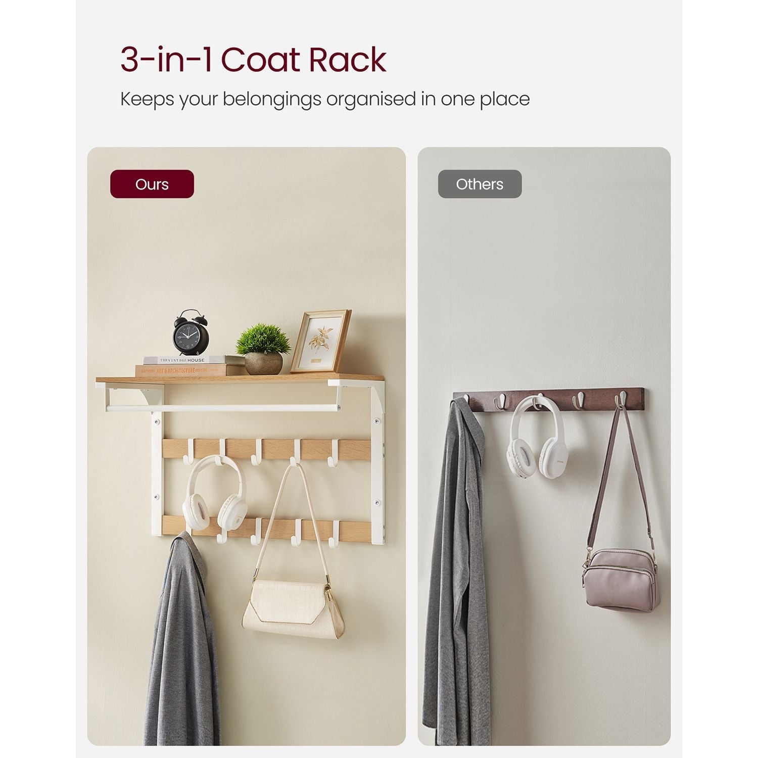 Coat Rack - Wood - Oak and White - Wall Mounted with 10 Removable Hooks and Shelf