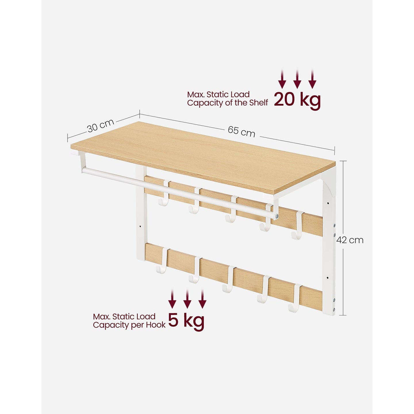Coat Rack - Wood - Oak and White - Wall Mounted with 10 Removable Hooks and Shelf