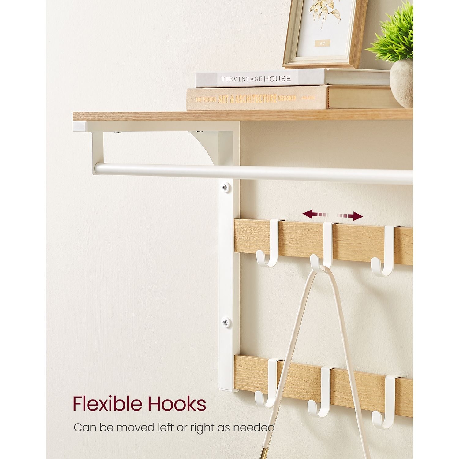 Coat Rack - Wood - Oak and White - Wall Mounted with 10 Removable Hooks and Shelf
