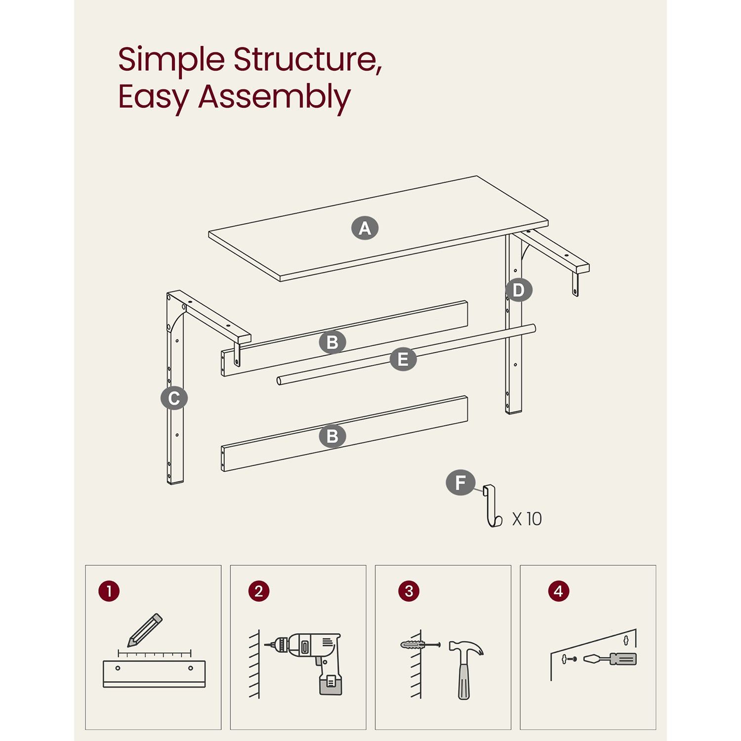 Coat Rack - Wood - Oak and White - Wall Mounted with 10 Removable Hooks and Shelf
