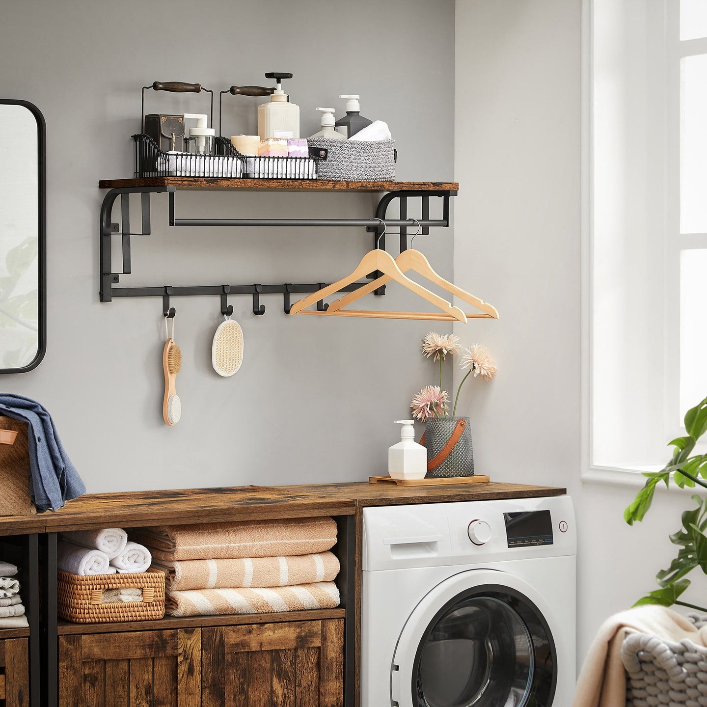 Wall-Mounted Coat Rack - Metal - Industrial Grey - Includes Storage Shelf and 5 Removable Hooks
