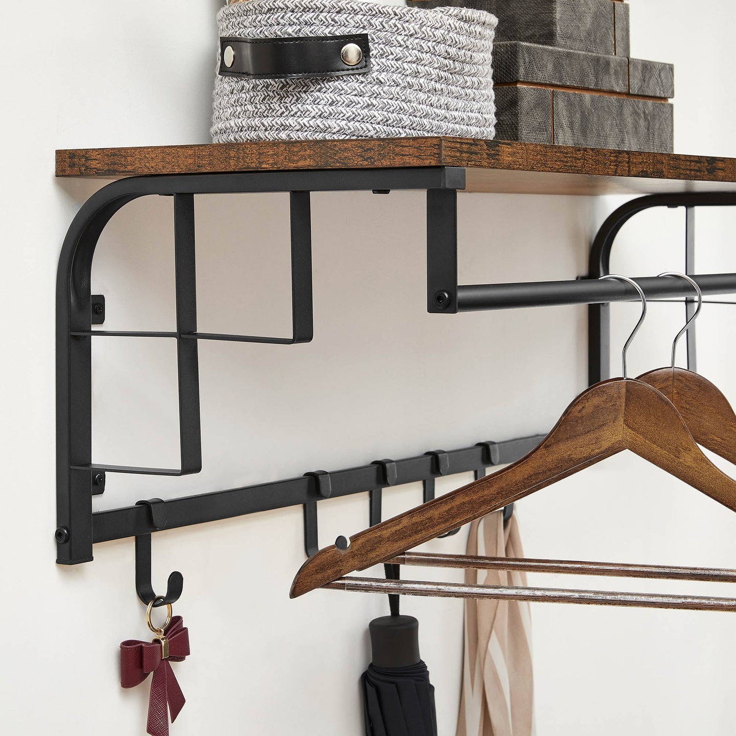 Wall-Mounted Coat Rack - Metal - Industrial Grey - Includes Storage Shelf and 5 Removable Hooks