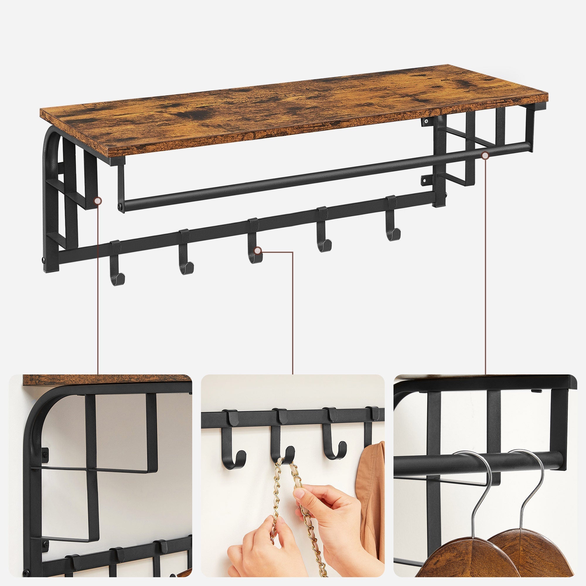 Wall-Mounted Coat Rack - Metal - Industrial Grey - Includes Storage Shelf and 5 Removable Hooks