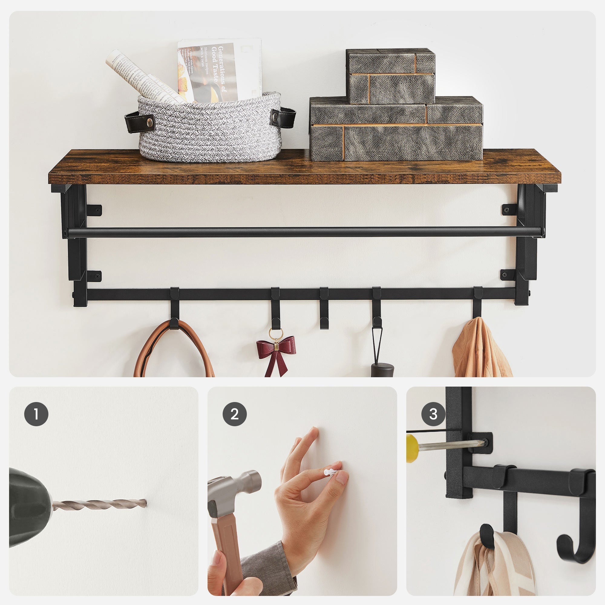 Wall-Mounted Coat Rack - Metal - Industrial Grey - Includes Storage Shelf and 5 Removable Hooks