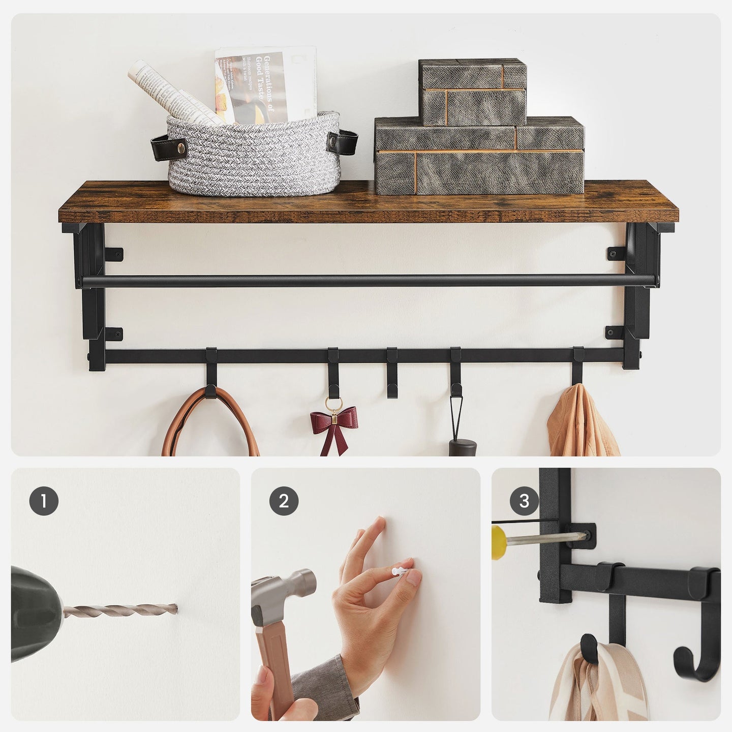 Wall-Mounted Coat Rack - Metal - Industrial Grey - Includes Storage Shelf and 5 Removable Hooks