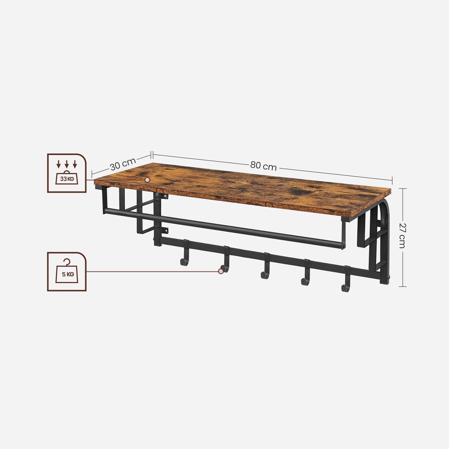 Wall-Mounted Coat Rack - Metal - Industrial Grey - Includes Storage Shelf and 5 Removable Hooks