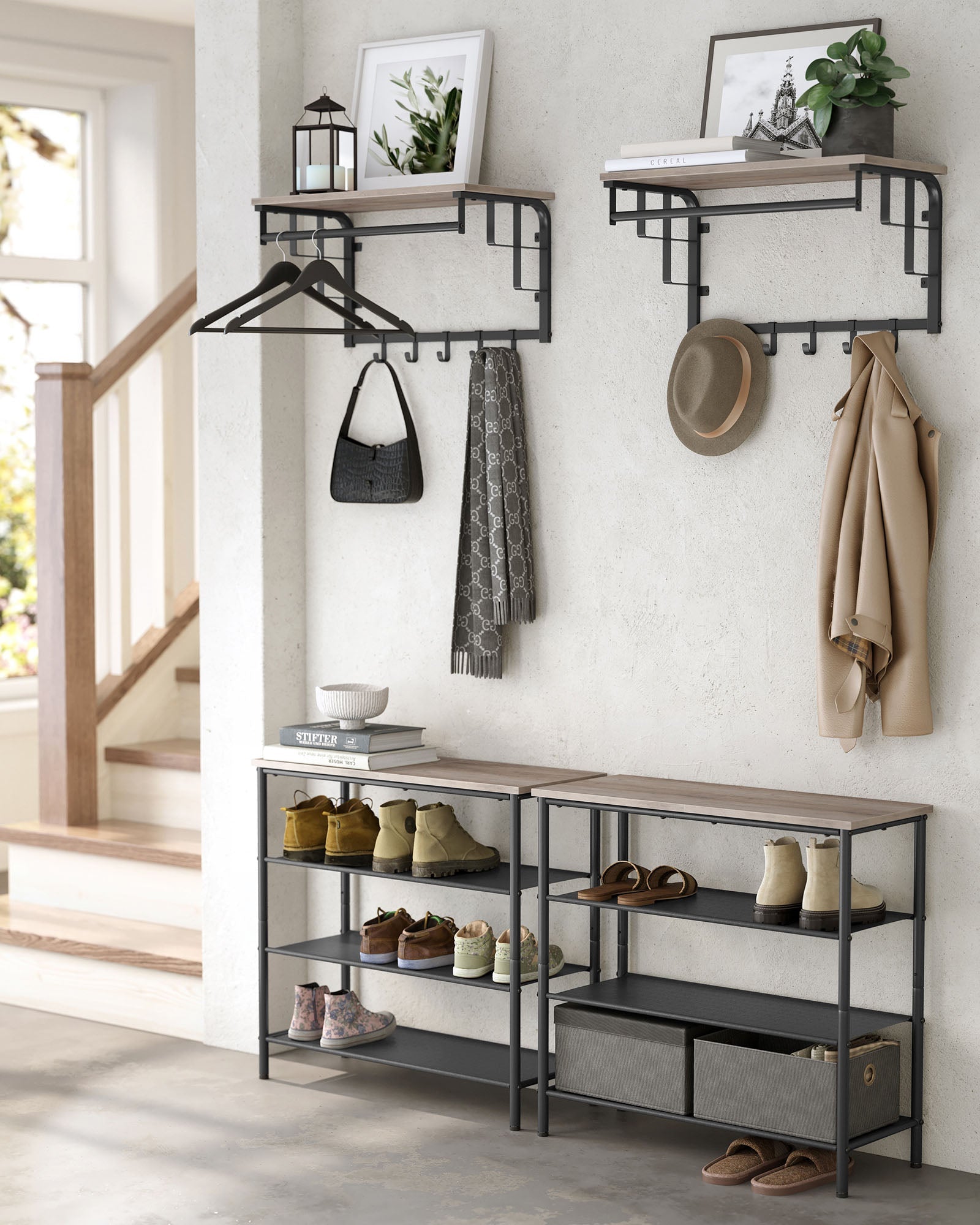 Wall-Mounted Coat Rack - 5 Hooks and Shelf - Wood - Greige and Black - Study and Reliable Design
