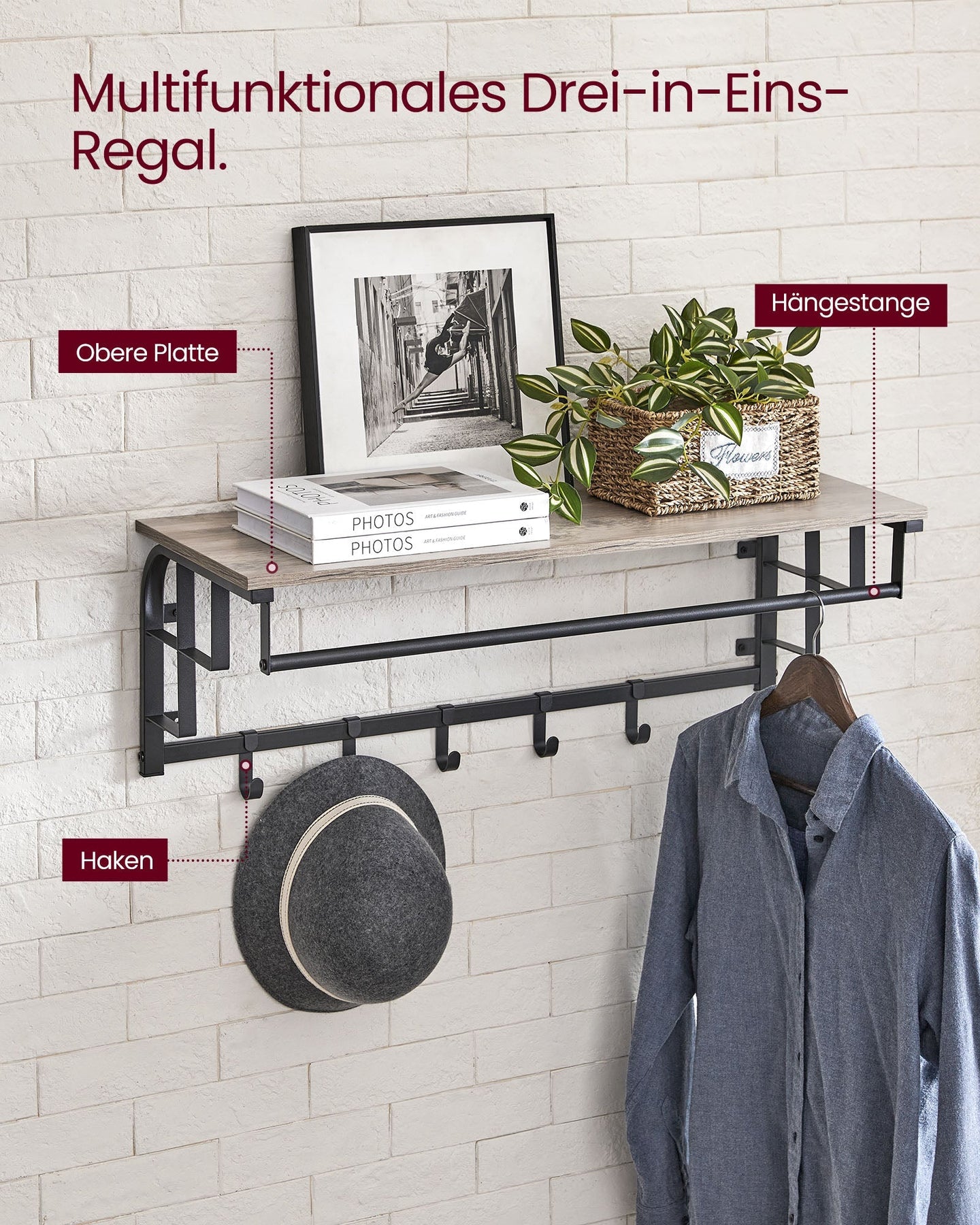 Wall-Mounted Coat Rack - 5 Hooks and Shelf - Wood - Greige and Black - Study and Reliable Design